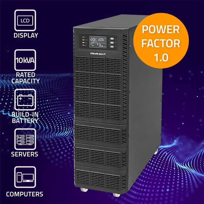 QOLTEC 52284 Nepertraukiamo maitinimo šaltinis UPS / 10kVA / 10000W / Galios koeficientas 1.0 / LCD / EPO / USB / Prisijungęs