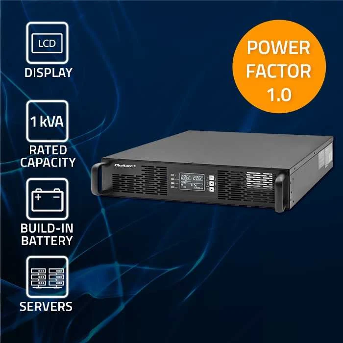 QOLTEC 52285 nepertraukiamo maitinimo UPS, skirtas RACK / 1kVA / 1000W / Galios koeficientas 1,0 / LCD / EPO / USB / On line