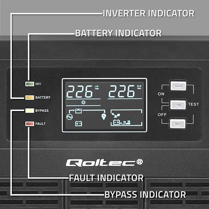 QOLTEC 52283 Nepertraukiamo maitinimo šaltinis UPS / 6kVA / 6000W / Galios koeficientas 1.0 / LCD / EPO / USB / Prisijungęs