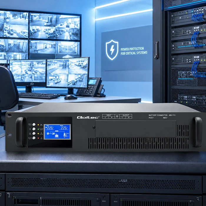 Qoltec Maitinimo šaltinis awaryjny UPS Pure Sine Wave do RACK | 3kVA | 3000W | PF 1.0 | LCD | EPO | USB | On-line | Kompatybilność su LiFePO4 AGM GEL