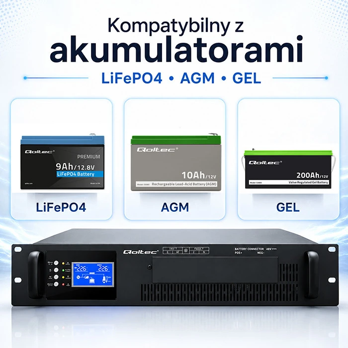 Qoltec Maitinimo šaltinis awaryjny UPS Pure Sine Wave do RACK | 3kVA | 3000W | PF 1.0 | LCD | EPO | USB | On-line | Kompatybilność su LiFePO4 AGM GEL