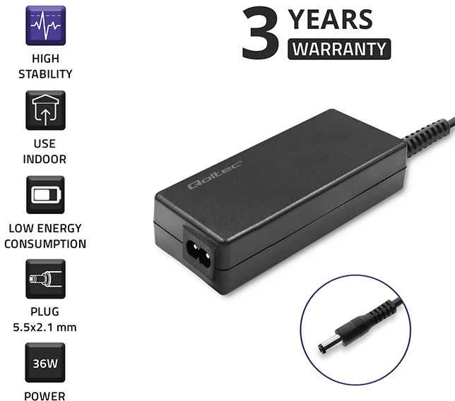 QOLTEC 50769 Stalinio kompiuterio maitinimo šaltinis 36W 12V 3A 5,5 x 2,1 + maitinimo kabelis