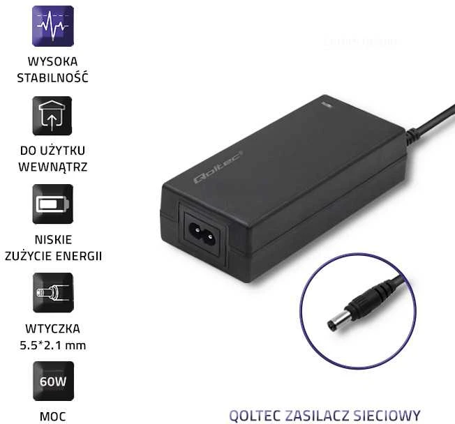 QOLTEC 50796 Stalinio kompiuterio maitinimo šaltinis 60W 12V 5A 5,5x2,1 + maitinimo kabelis