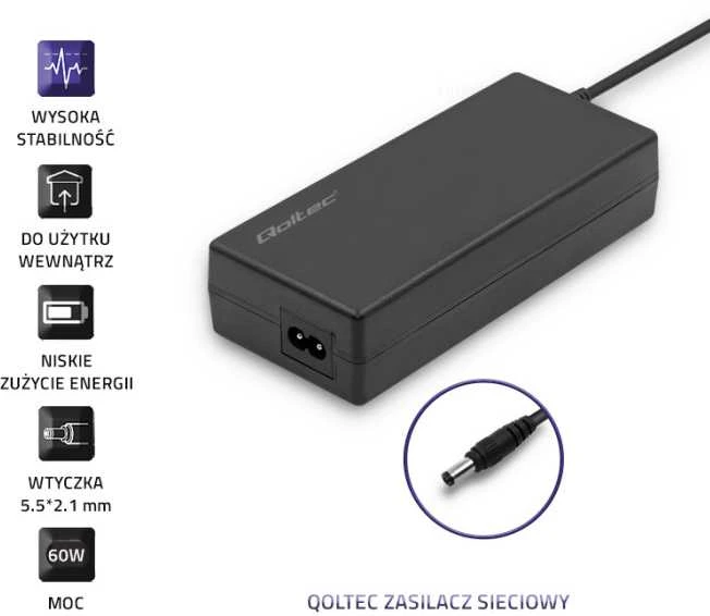 QOLTEC 50796 Stalinio kompiuterio maitinimo šaltinis 60W 12V 5A 5,5x2,1 + maitinimo kabelis