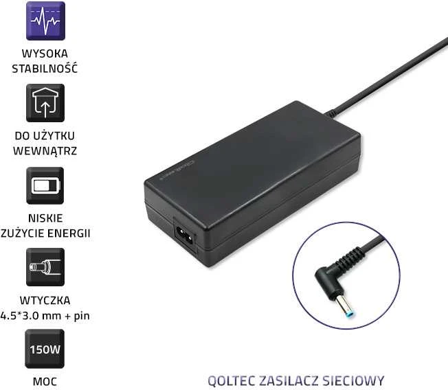 Maitinimo tinklas Qoltec 51735 nešiojamiesiems kompiuteriams HP (19,5 V, 7,7 A, 150 W, 4,5 mm x 3 mm)