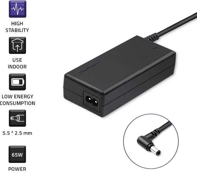 QOLTEC 50014 Nešiojamas kompiuteris kintamosios srovės adapteris 65W 3,25 A 20V 5,5x2,5 + maitinimo laidas