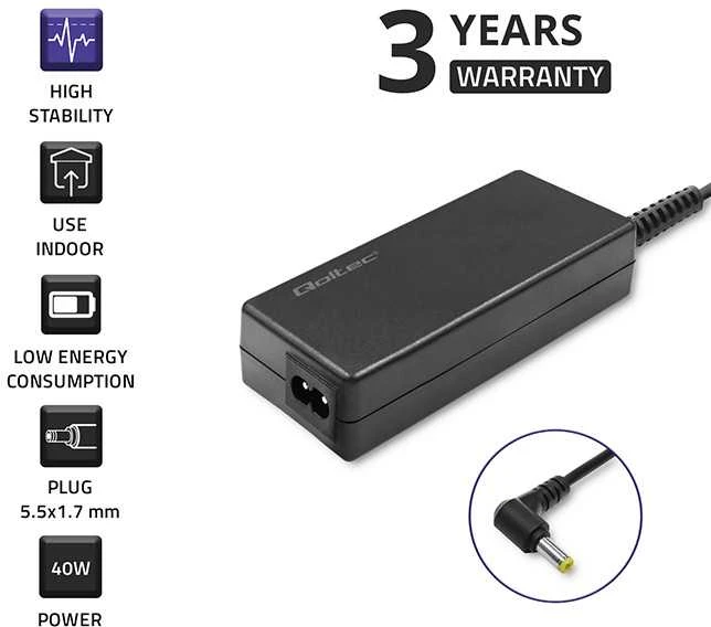 QOLTEC 52410 Maitinimo adapteris Acer 40W / 19V / 2.1A / 5.5x1.7 / maitinimo kabeliui