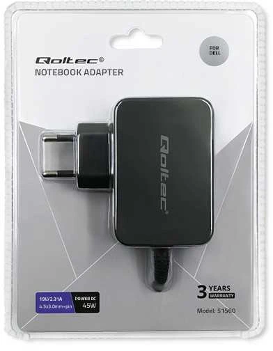 QOLTEC 51560 Nešiojamas kompiuteris AC power adapter Dell 45W 19.5V 2.31A 4.5 3.0+pin