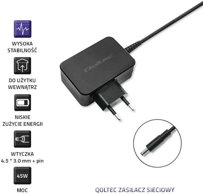 QOLTEC 51560 Nešiojamas kompiuteris AC power adapter Dell 45W 19.5V 2.31A 4.5 3.0+pin