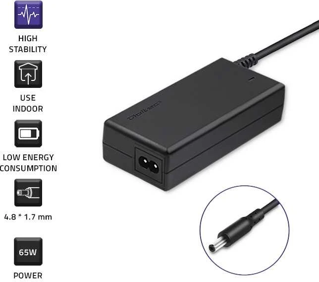 QOLTEC 50050 Nešiojamas kompiuteris AC maitinimo adapteris 65W 19.5V 3.33A 4.8x1.7 +maitinimo laidas