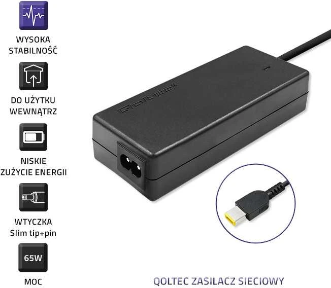 QOLTEC 50053 Nešiojamas kompiuteris Kintamosios srovės adapteris Lenovo 65W 20V 3.25A Plonas antgalis + maitinimo laidas