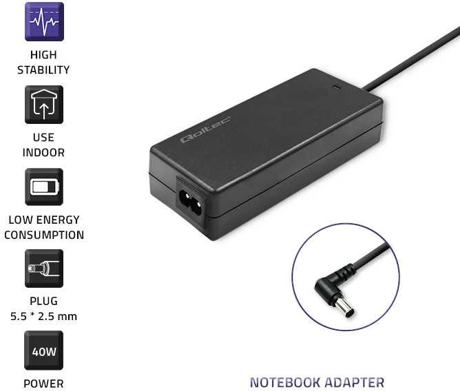 QOLTEC 50056 Nešiojamas kompiuteris AC power adapter Lenovo 40W 20V 2A 5.5 2.5