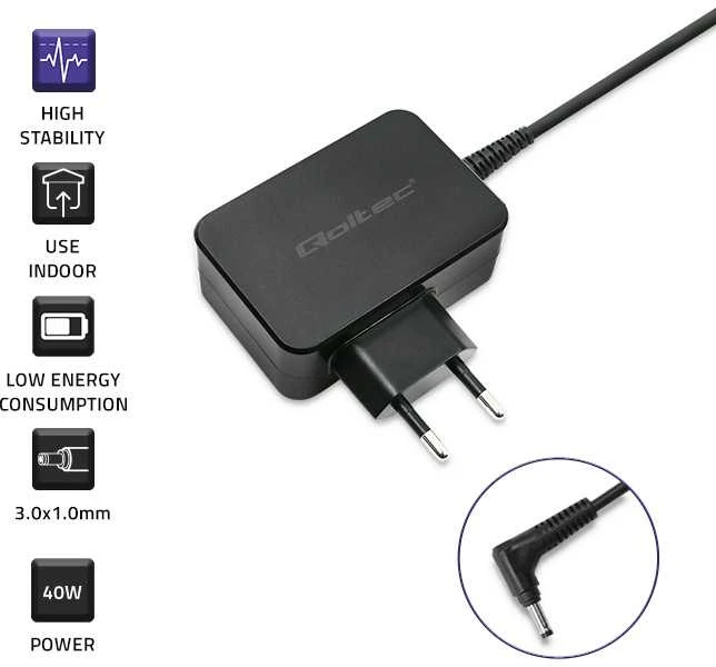 QOLTEC 52408 Maitinimo šaltinis Samsung 40W ultrabook / 19V / 2.1A / 3.0x1.0