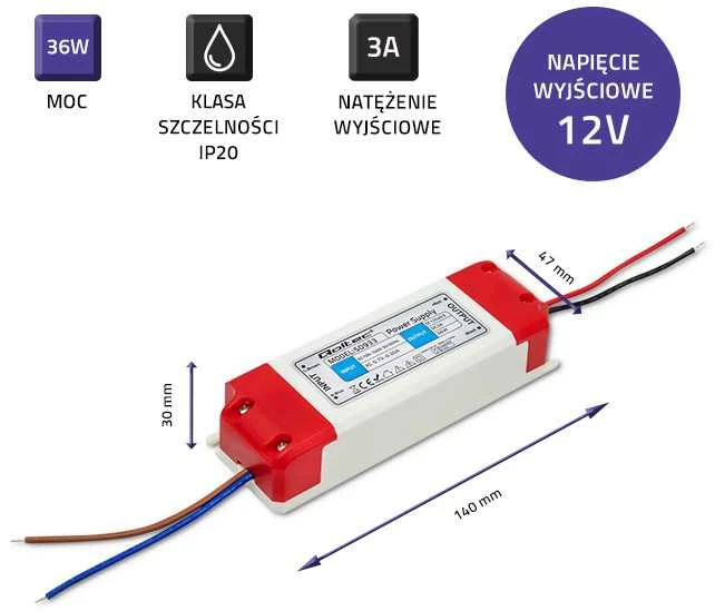 QOLTEC 50933 Qoltec Impulse maitinimo šaltinis | IP20 | 100V-240V | 36W | 12V | 3A