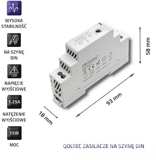 QOLTEC 50916 DIN bėgio maitinimo šaltinis 15W 12V 1.25A Pilka