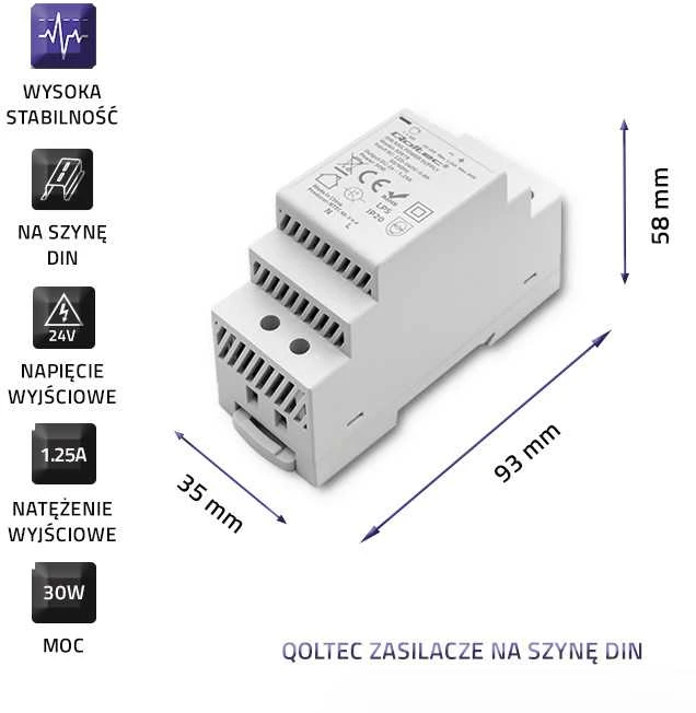 Qoltec Maitinimo šaltinis na szynę DIN | 30W | 24V | 1.25A | Pilka