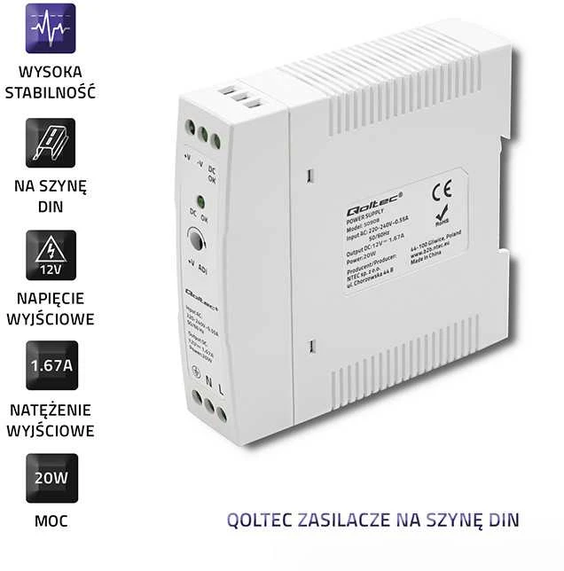 Qoltec DIN bėgelio maitinimo šaltinis 20W 12V 1.67A baltas plonas
