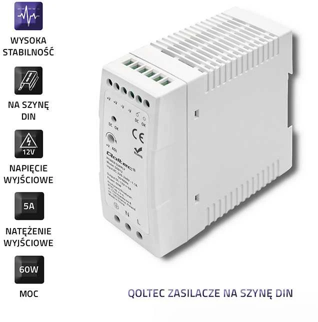 Maitinimo šaltinis skirtas bėgiams din 60w 12v 5a baltas plonas Qoltec