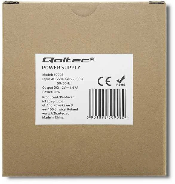 Qoltec DIN bėgelio maitinimo šaltinis 20W 12V 1.67A baltas plonas