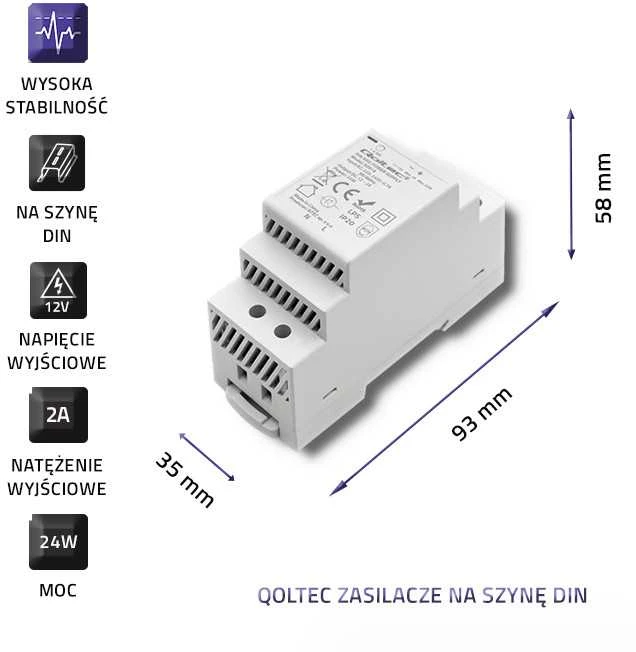 Qoltec Maitinimo šaltinis na szynę DIN | 24W | 12V | 2A | Pilka