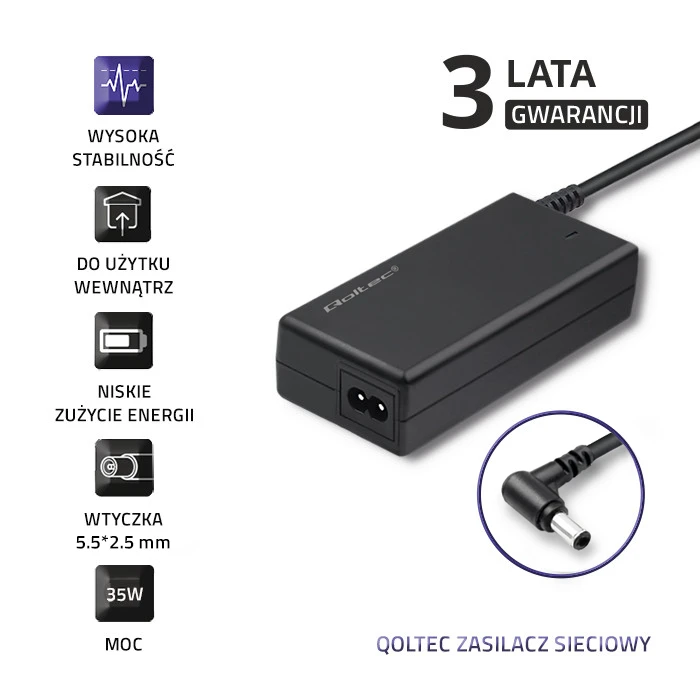 QOLTEC 51523 Qoltec kintamosios srovės adapteris 35W 12V 2,9A 5,5 2,5 + maitinimo laidas