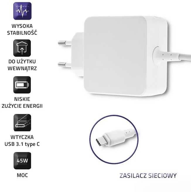 QOLTEC 50194 AC adapter 45W 20V 2.25A USB C Baltas