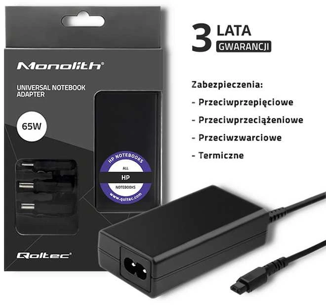 QOLTEC 51758 Maitinimo adapteris, skirtas HP 65W 3 kištukams
