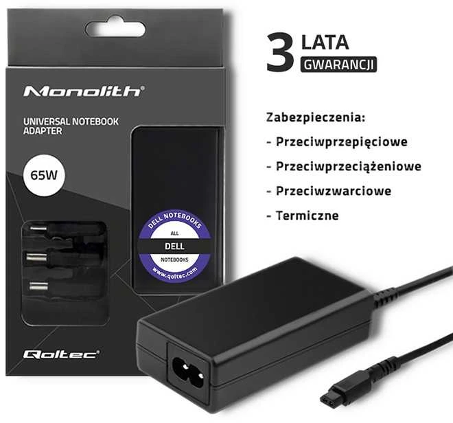 QOLTEC 51762 Maitinimo adapteris, skirtas Dell 65W 3 kištukams