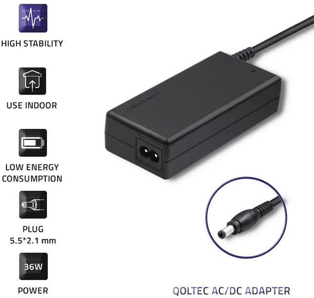 QOLTEC 51103 Universalus kintamosios srovės adapteris 36W 12V 3A 5.5 2.1 + maitinimo laidas