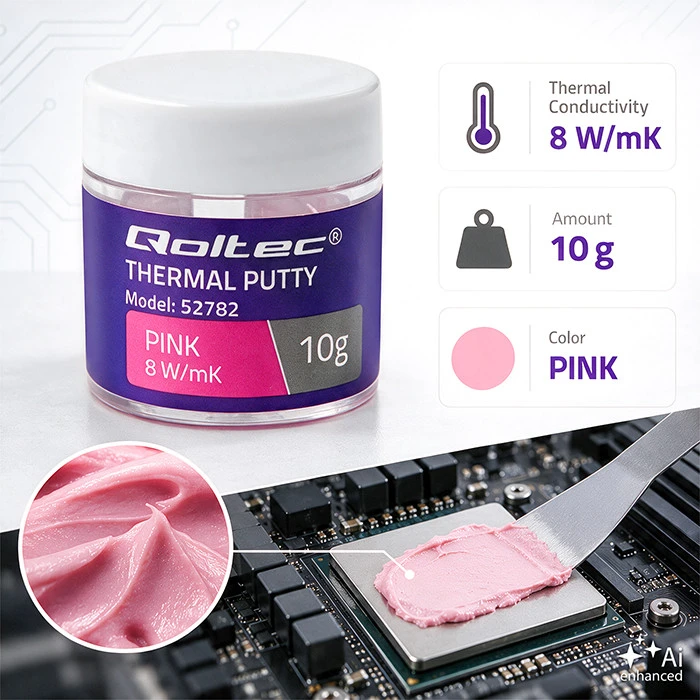 Qoltec Aukšto laidumo pasta | Terminė masė Thermal Putty 8 W/m-K | 10g | Rožinė