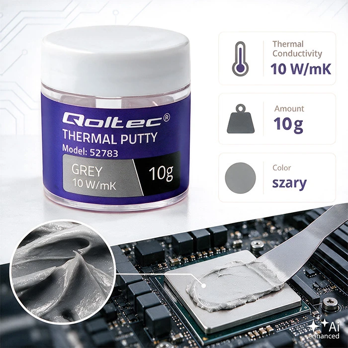 Qoltec Aukšto laidumo pasta | Terminė masė Thermal Putty 10 W/m-K | 10 g | Pilka