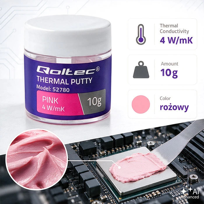 Qoltec Aukšto šilumos laidumo pasta | Thermal Putty masė 4 W/m-K | 10 g | Rožinė