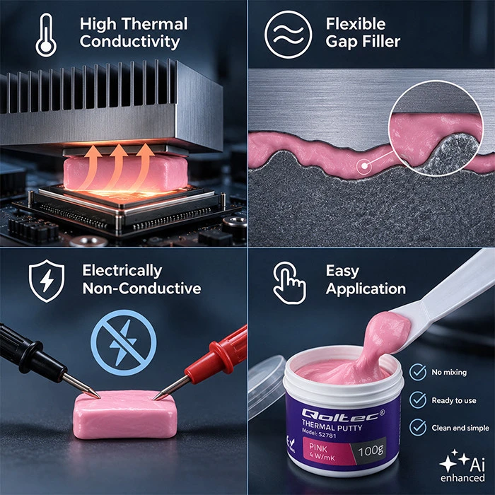 Qoltec aukšto laidumo pasta | Terminė masė Thermal Putty 4 W/m-K | 100 g | Rožinė