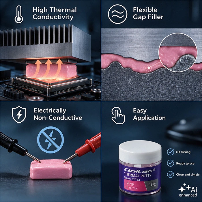 Qoltec Aukšto laidumo pasta | Terminė masė Thermal Putty 8 W/m-K | 10g | Rožinė
