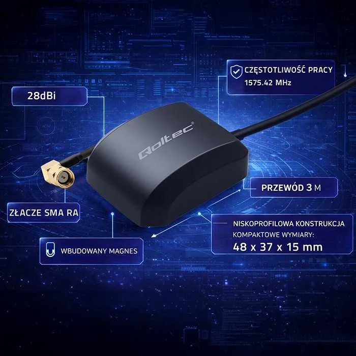 Qoltec mobiliojo GPS GLONASS antena su magnetine baze 28dBi 50W SMA RA