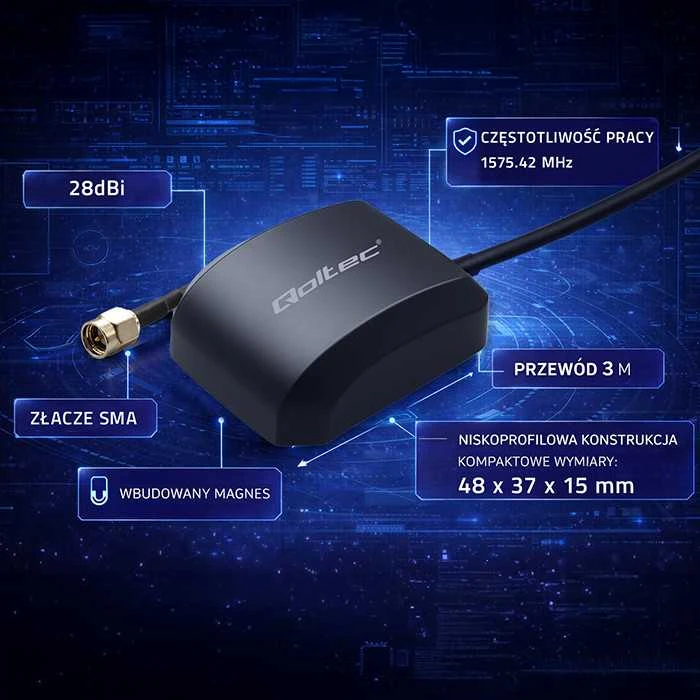 Qoltec mobiliojo GPS GLONASS antena su magnetine baze 28dBi SMA