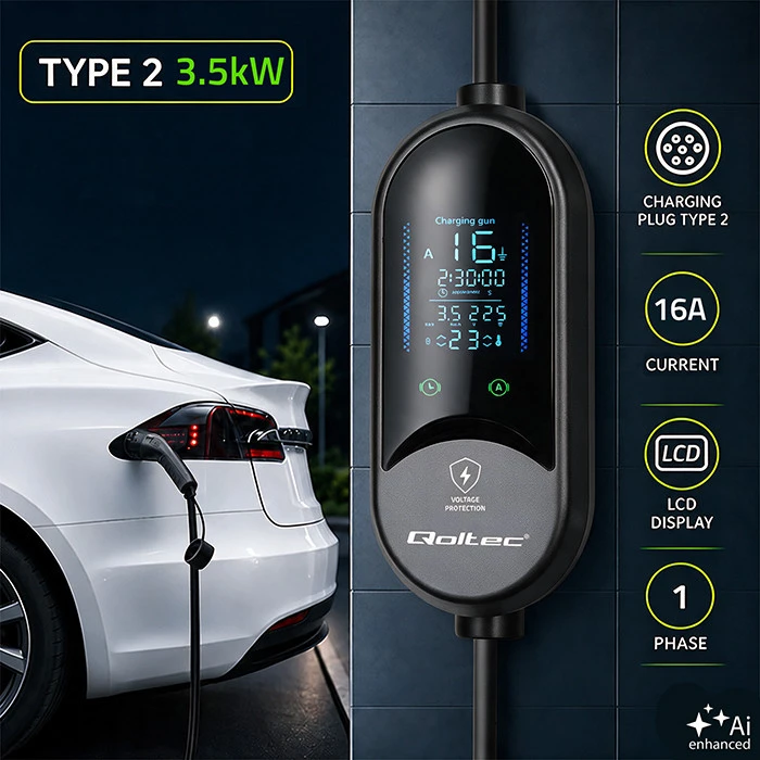 Qoltec Mobilna kroviklis automobiliui elektrycznego EV i hybryd su regulacją 2w1 Typ2 | 3.5kW | 230V | SCHUKO 16A | LED | 5m