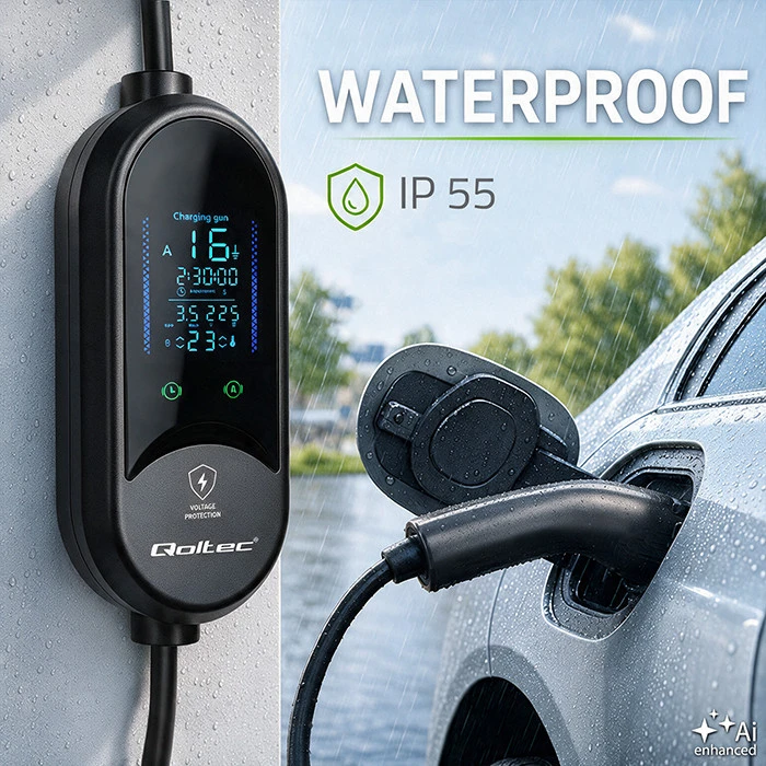Qoltec Mobilna kroviklis automobiliui elektrycznego EV i hybryd su regulacją 2w1 Typ2 | 3.5kW | 230V | SCHUKO 16A | LED | 5m