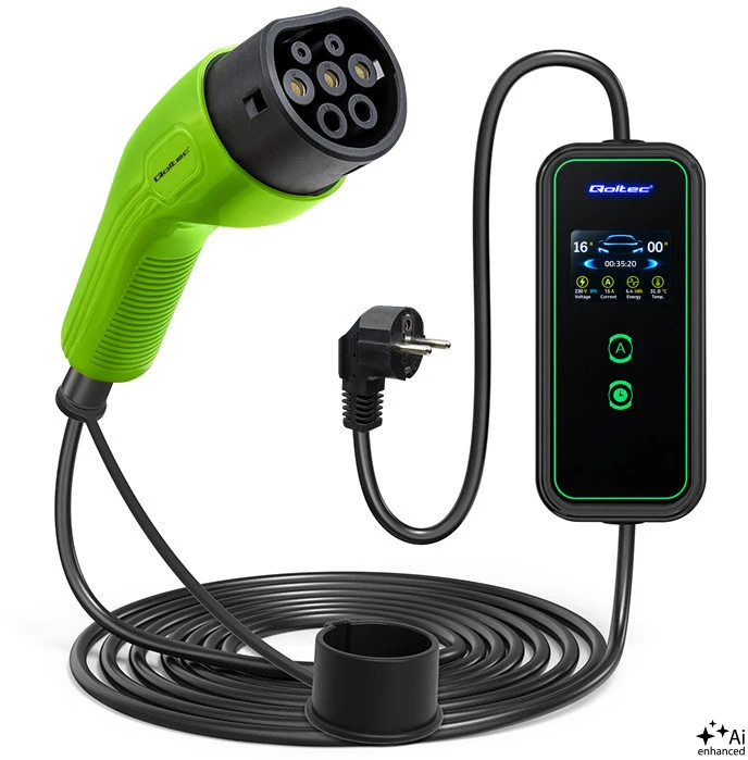 Qoltec Mobilna kroviklis automobiliui elektrinis EV su 2in1 reguliavimas Type2 | 3,5 kW | 230V | Wifi | LCD | Nešiojamas | Wallbox | 5 m