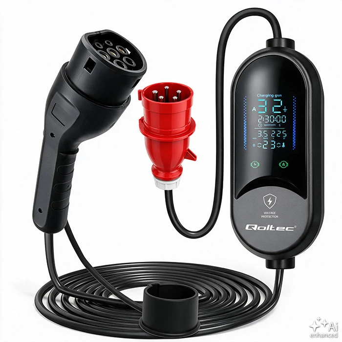 Qoltec Mobilna kroviklis automobiliui elektrycznego EV i hybryd su regulacją 2w1 Typ2 | 7kW | 230V | CEE 32A | LED | 5m
