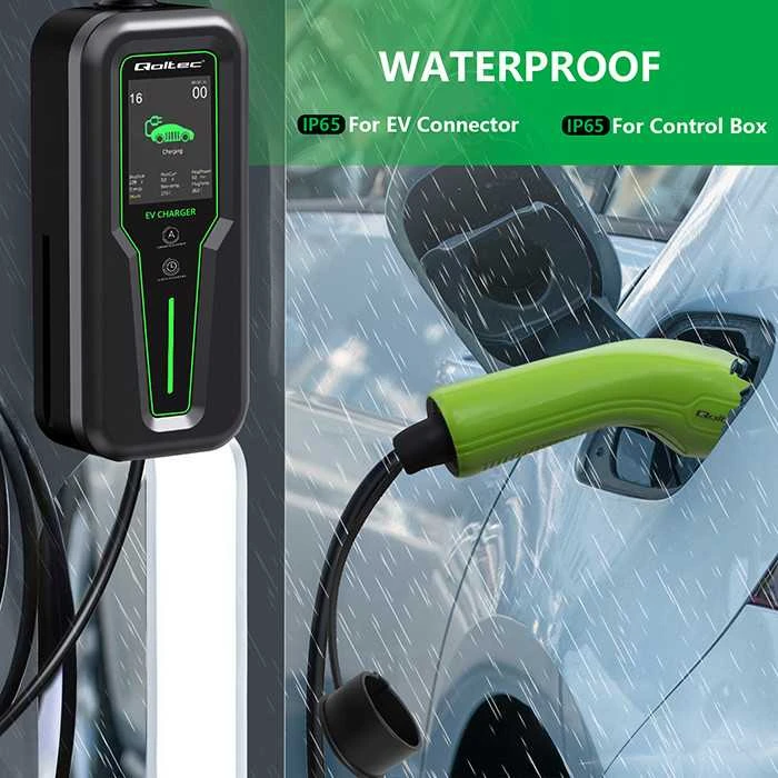 Qoltec Mobilus elektromobilių įkroviklis su 2 viename, 2 tipo reguliavimu | 7kW | CEE 3 kontaktų | 230V | LCD | Nešiojamas | Sieninis įkroviklis | 5m