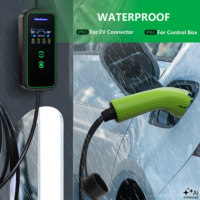 Nešiojamas reguliuojamas elektromobilių įkroviklis Qoltec 2in1 Type2 | 11kW | CEE 5 PIN | LCD | 3 fazių | Sieninė dėžutė | 5 m