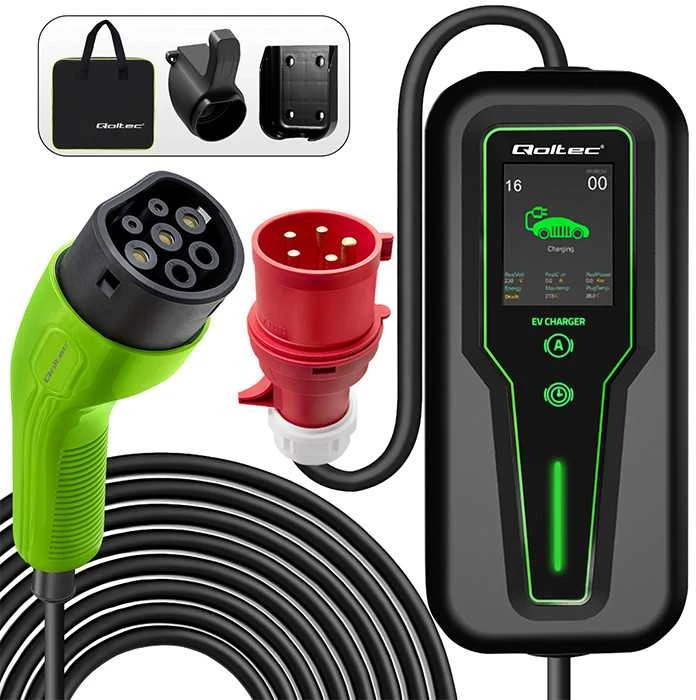 „Qoltec 2in1 Type2“ | 11 kW | 3 fazės | CEE 5 kontaktų | LCD | Nešiojamas | Sieninis įkroviklis | 5 m