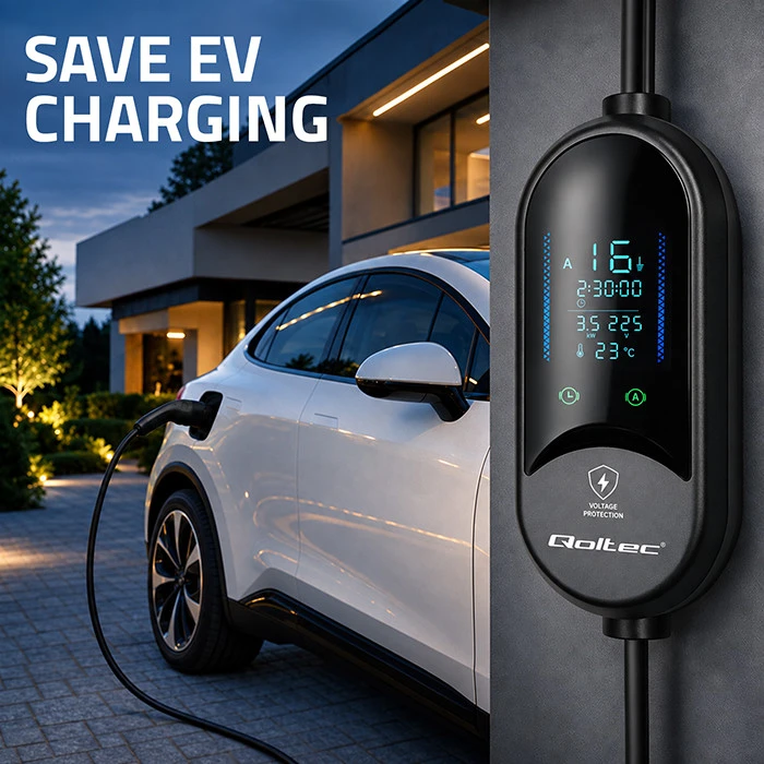 Qoltec Mobilna kroviklis automobiliui elektrycznego EV i hybryd su regulacją 2w1 Typ2 | 3.5kW | 230V | SCHUKO 16A | LED | 5m