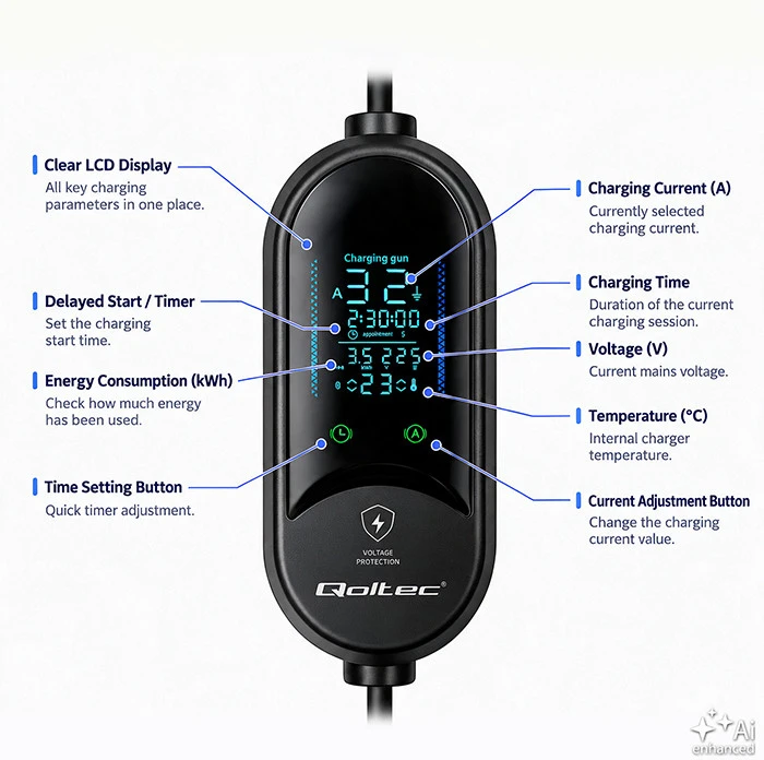 Qoltec Mobilna kroviklis automobiliui elektrycznego EV i hybryd su regulacją 2w1 Typ2 | 7kW | 230V | CEE 32A | LED | 5m