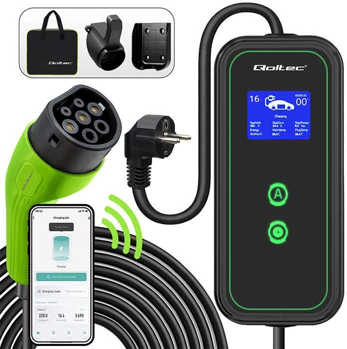 Qoltec Mobilna kroviklis automobiliui elektrinis EV su 2in1 reguliavimas Type2 | 3,5 kW | 230V | Wifi | LCD | Nešiojamas | Wallbox | 5 m