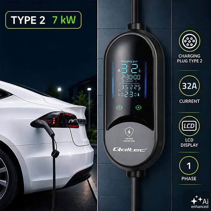 Qoltec Mobilna kroviklis automobiliui elektrycznego EV i hybryd su regulacją 2w1 Typ2 | 7kW | 230V | CEE 32A | LED | 5m