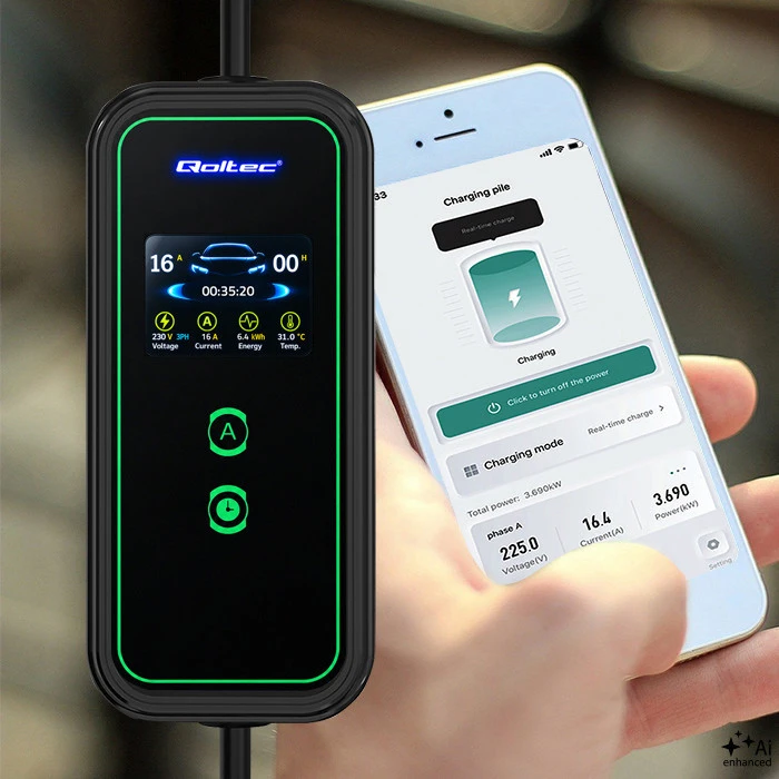 Qoltec mobilus įkroviklis elektromobiliui EV su reguliavimu 2 in 1, Type 2 | 11 kW | Wi-Fi | LCD | 3 fazės | 5 m