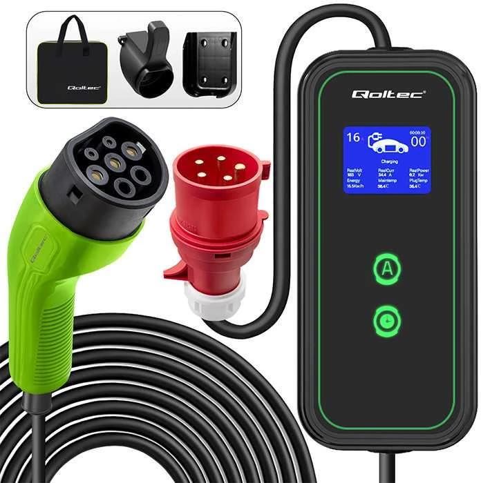 Nešiojamas reguliuojamas elektromobilių įkroviklis Qoltec 2in1 Type2 | 11kW | CEE 5 PIN | LCD | 3 fazių | Sieninė dėžutė | 5 m