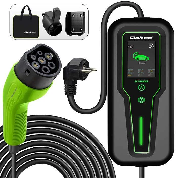 Qoltec Mobilus elektromobilių įkroviklis su 2 viename, 2 tipo reguliavimu | 3,5 kW | 230 V | LCD | Nešiojamas | Sieninis įkroviklis | 5 m